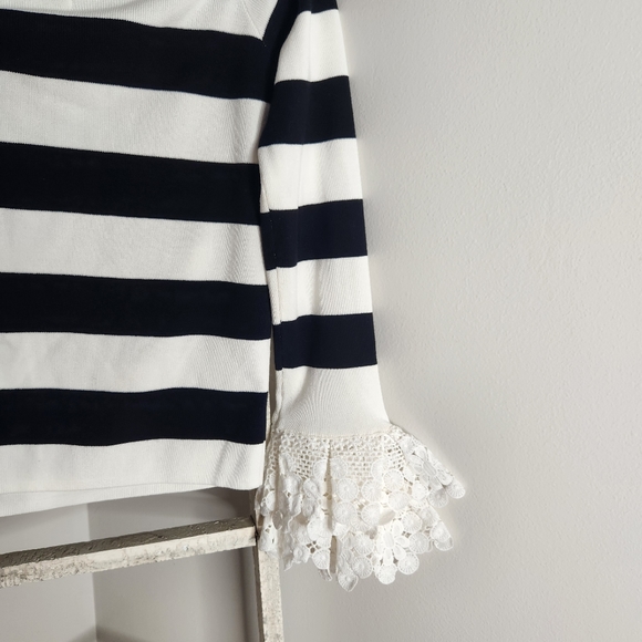 English Factory Top NWT women Medium black white stripe lace sleeve off shoulder - Picture 6 of 6